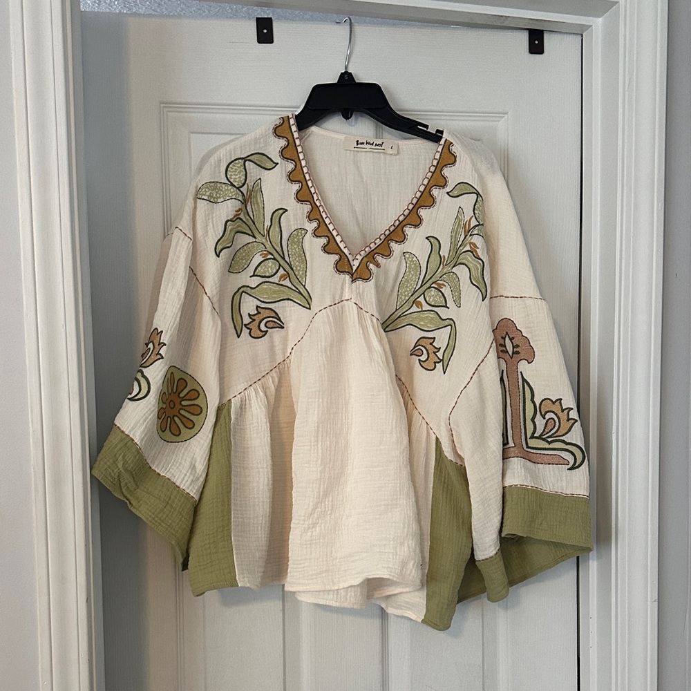 Three Bird Nest Cream Tunic with Olive and Mustard Embroidery